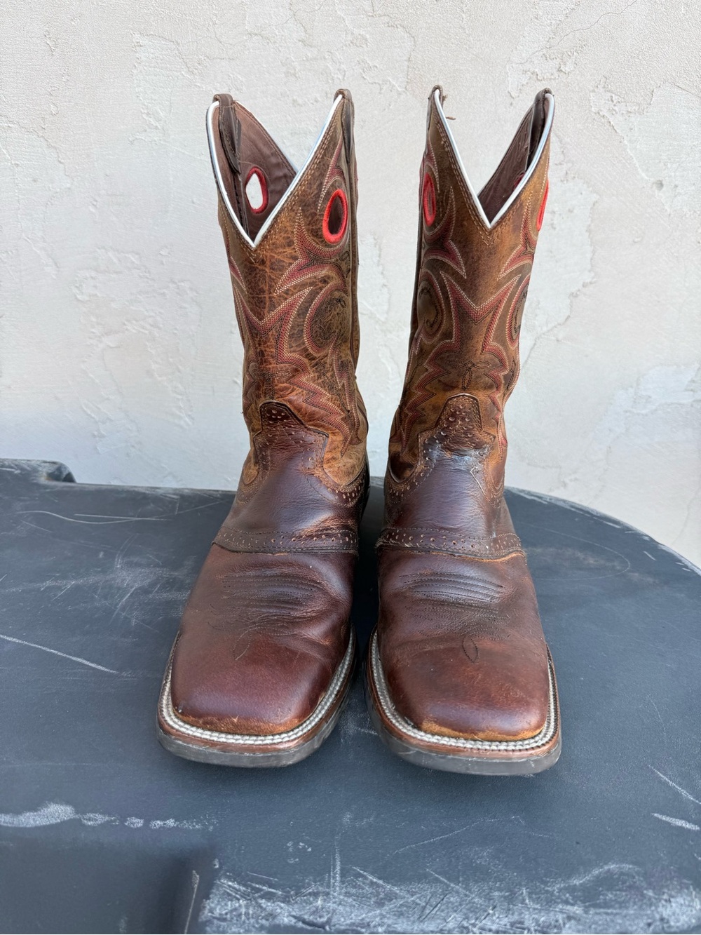 Justin Boots Brown Leather Men's Western Cowboy Boots with Red Accents